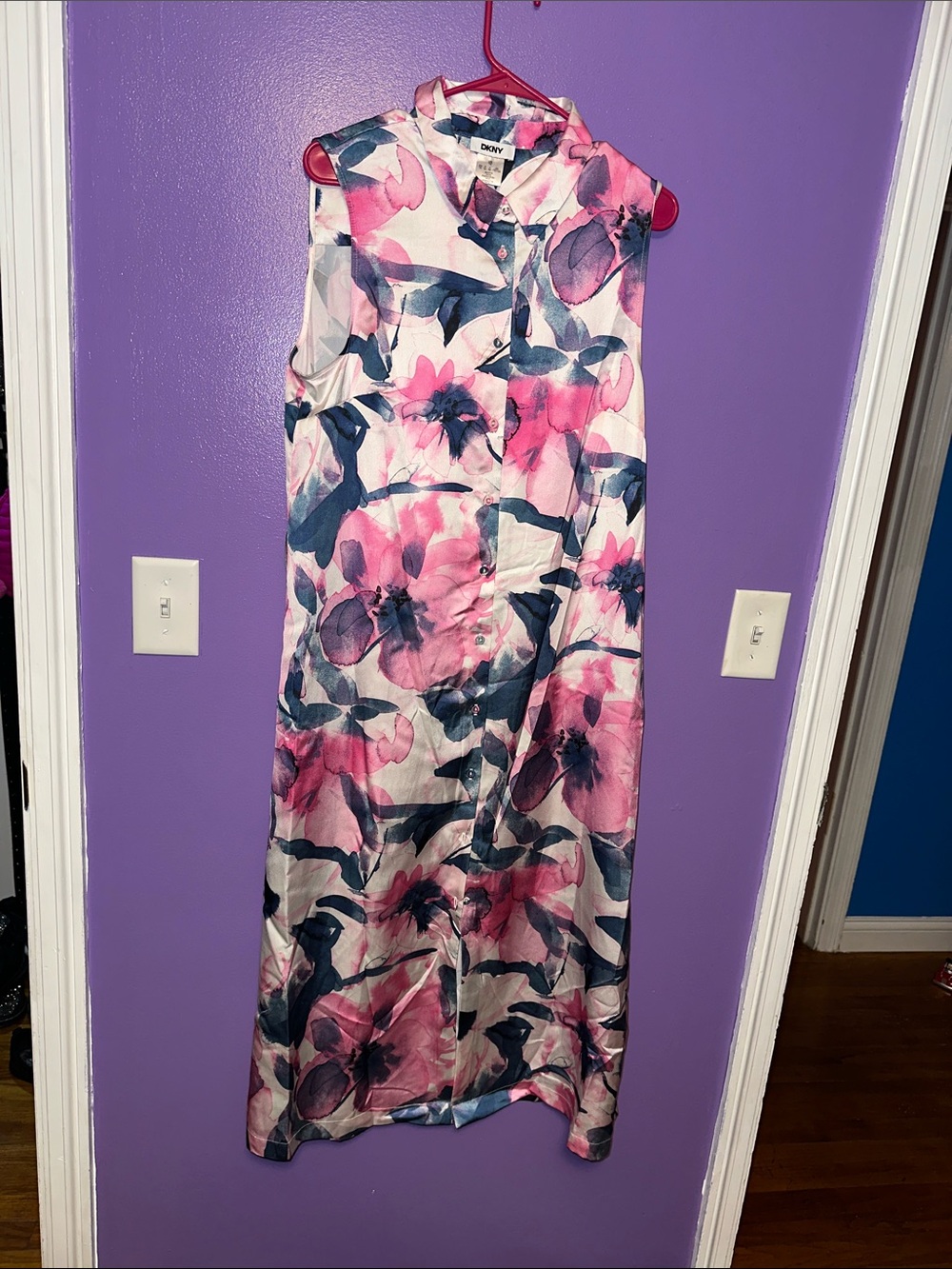DKNY Sleeveless Maxi Dress in Pink and Blue Floral